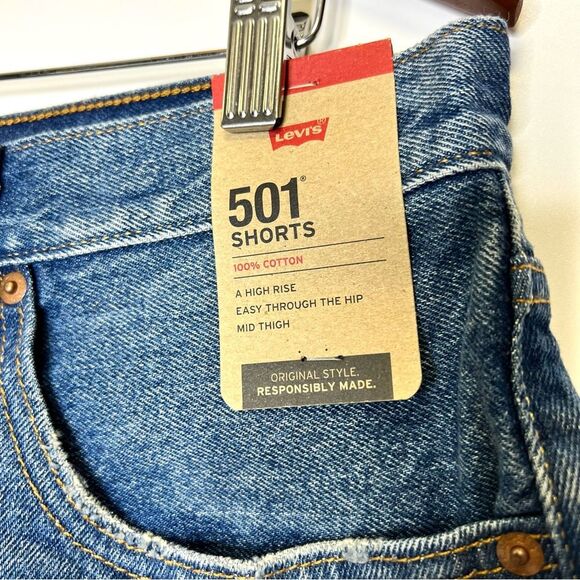 NEW Levi’s 501 High Rise Mid Thigh Distressed Denim Shorts 31 - Picture 3 of 9